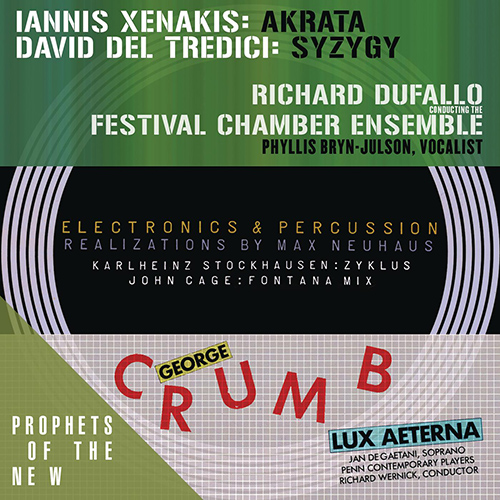 Imagen de apoyo de  XENAKIS, I.: Akrata / DEL TREDICI, D.: Syzygy / STOCKHAUSEN, K.: Zyklus / CRUMB, G.: Lux aeterna (Prophets of the New) (Dufallo)